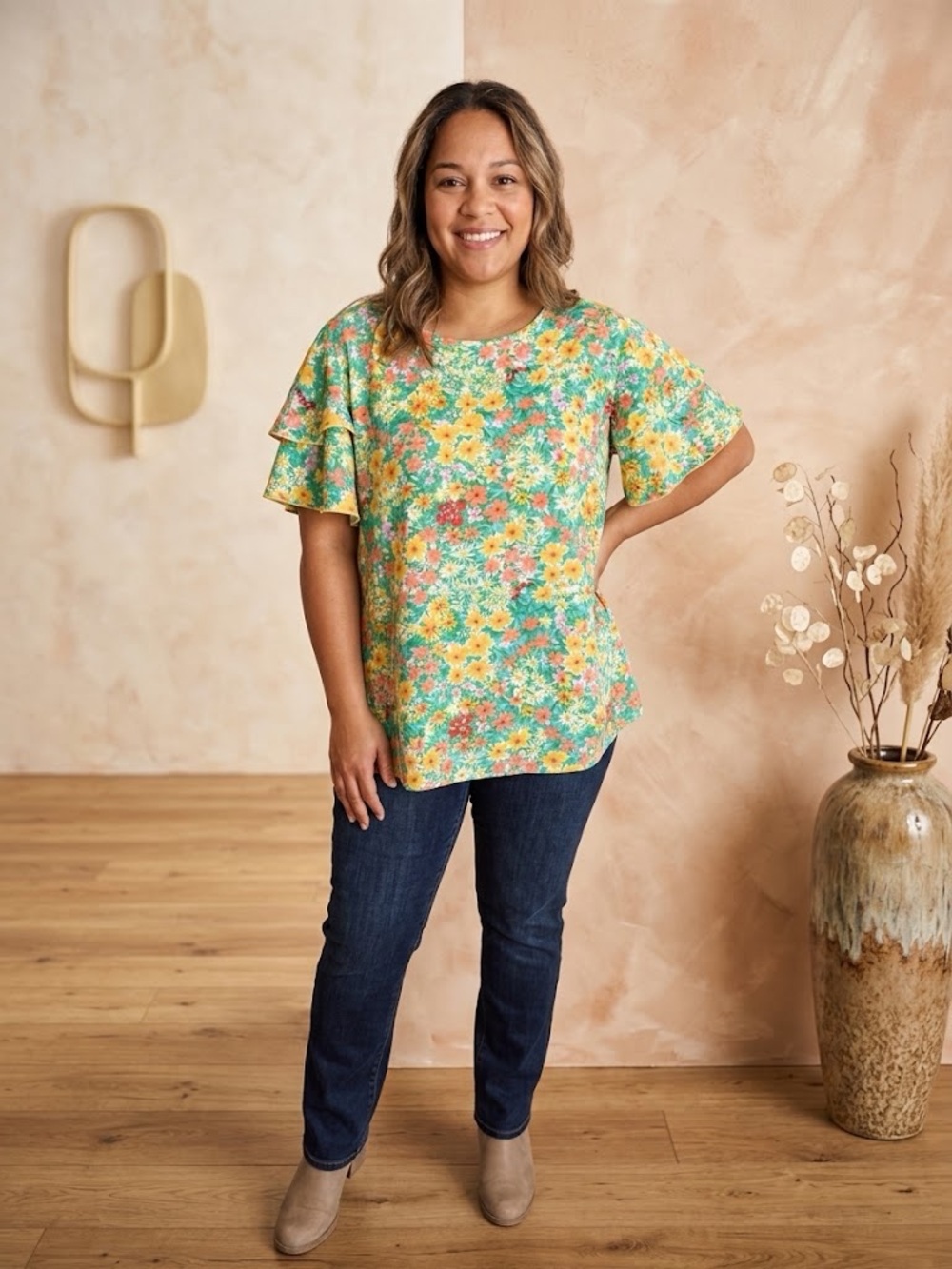 Floral Flutter Sleeve Tee - Green Multi